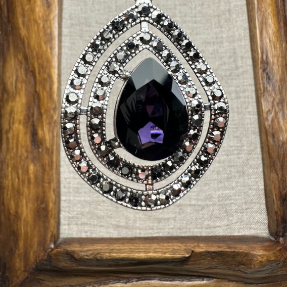 Teardrop Silver Tone Wavy Dangle Earrings Large Purple Rhinestone Small Black 2" - Picture 2 of 13